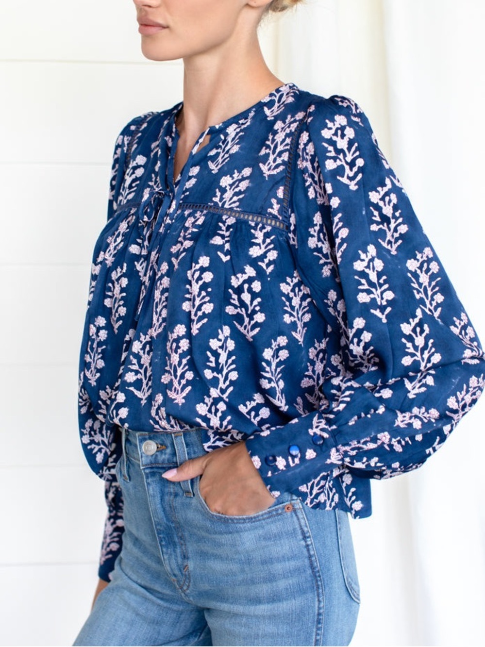 Emerson Fry Isla LongSleeve Top Pressed Flowers Blue lightweight Poplin organic